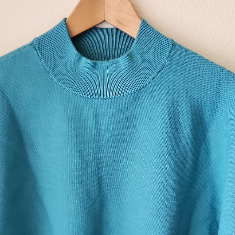 Chico's Teal Sweater Short Sleeve Mock Neck Wide Elbow Sleeves Sz L (2) Soft - Picture 7 of 16